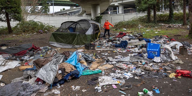 This file image shows a volunteer dismantling a tent as garbage lies piled at a homeless encampment on March 13, 2022 in <a class=