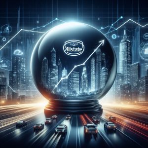 a crystal ball, futuristic cityscape, Allstate's logo subtly integrated, alongside a graph with trending lines and car silhouettes reflecting innovation and strategy