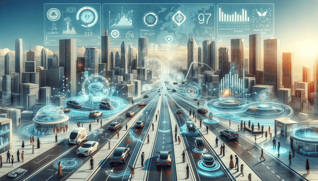 A wide, futuristic cityscape showcasing advanced technology and diverse elements. The scene includes AI systems analyzing traffic patterns, with data